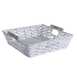 Panier rectangle blanc avec anses en bois L.33xP.26xH 9cm Panier rectangle blanc avec anses en bois L.33xP.26xH 9cm